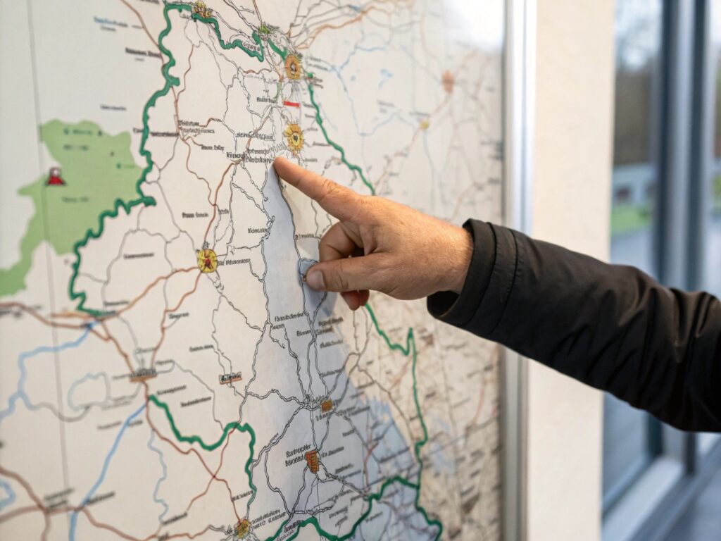 Hand zeigt auf eine Landkarte, die einen nahegelegenen Standort der Alltagsfeen hervorhebt.